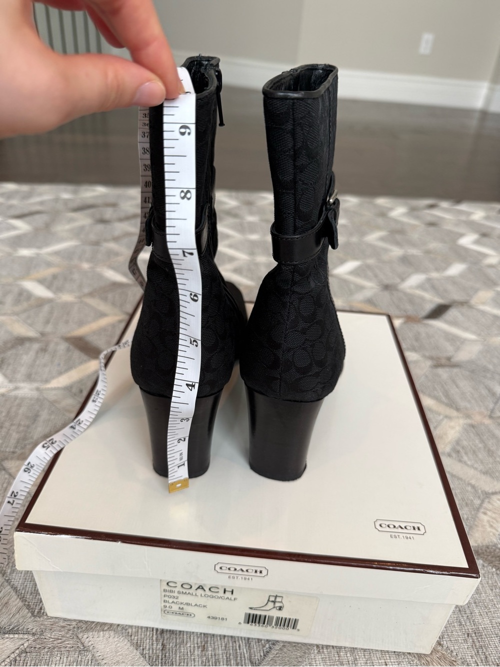 Coach Bibi Black Signature Jacquard Heeled Ankle Boots Sz 9 Logo Booties w/ Box - Picture 5 of 5